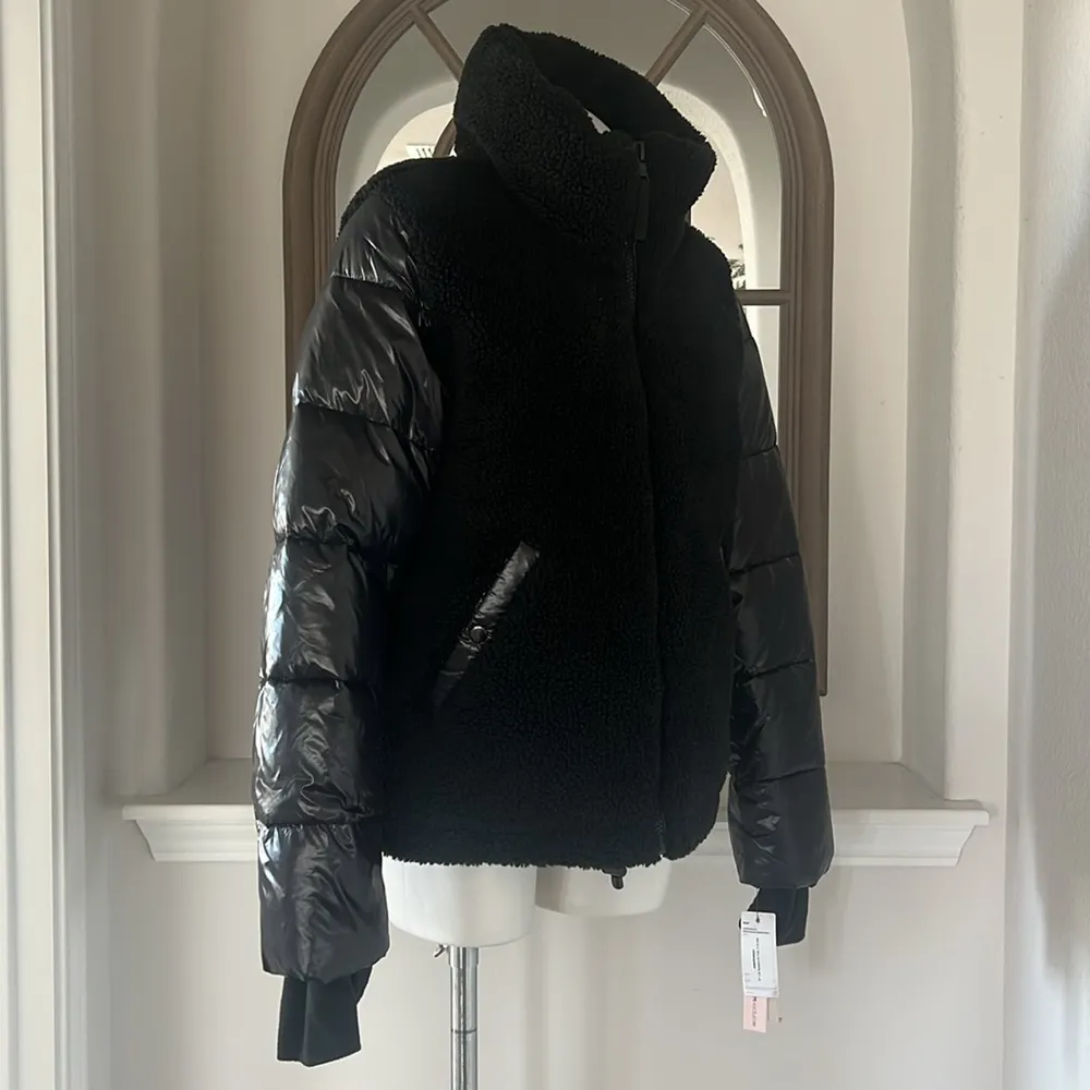 Aqua Bloomingdale’s Mixed Media Puffer Coat Jacket in Black, Size XL NEW w/Tag - Image 10