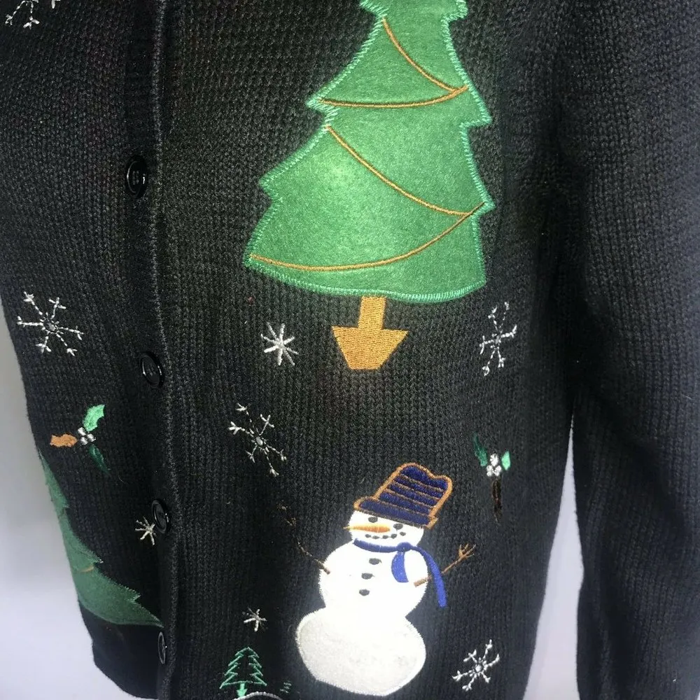 Womens Ugly Christmas Holiday Cardigan Sweater Size S Black Snowman Trees - Image 3