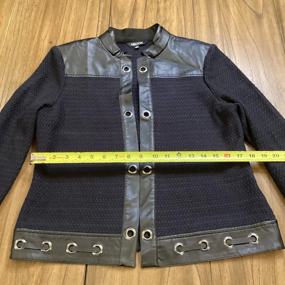 Misook Faux Leather Trim Knit Open Front Moto knit Blazer cardigan Jacket XS - Image 4