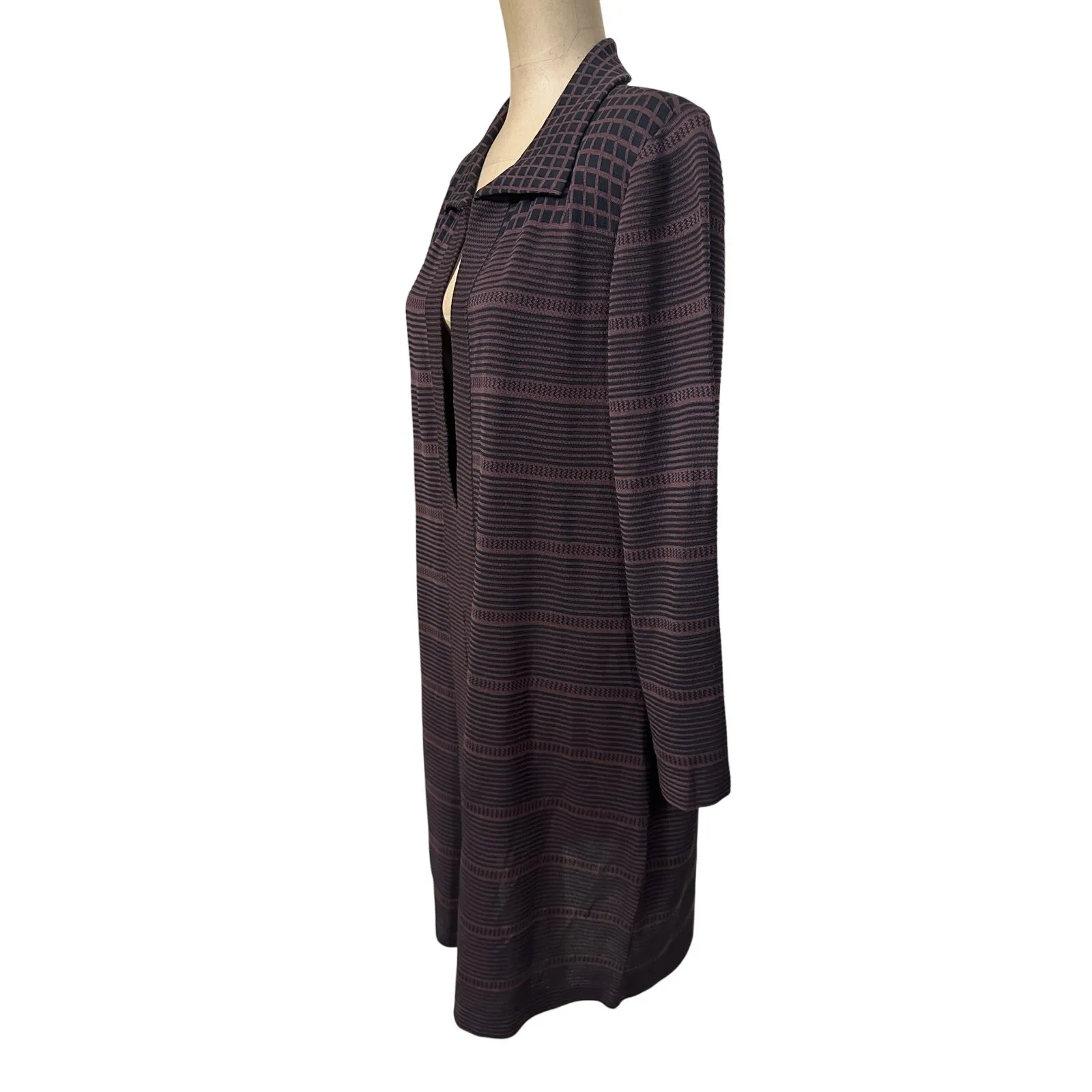 Misook Sweater Duster Maroon Black Graphic Stripe Print Collared - Image 5