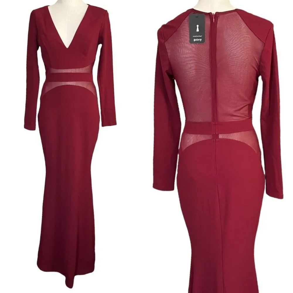 Burgundy Floor Length Grown Deep V-Neckline Mesh Panels Long Sleeve Sexy Privy - Image 2