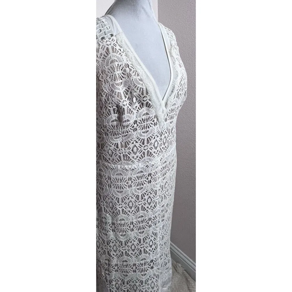 Harlyn White Lace Eyelet Long Dress Size Large Formal Prom Mermaid Tail V Neck - Image 5