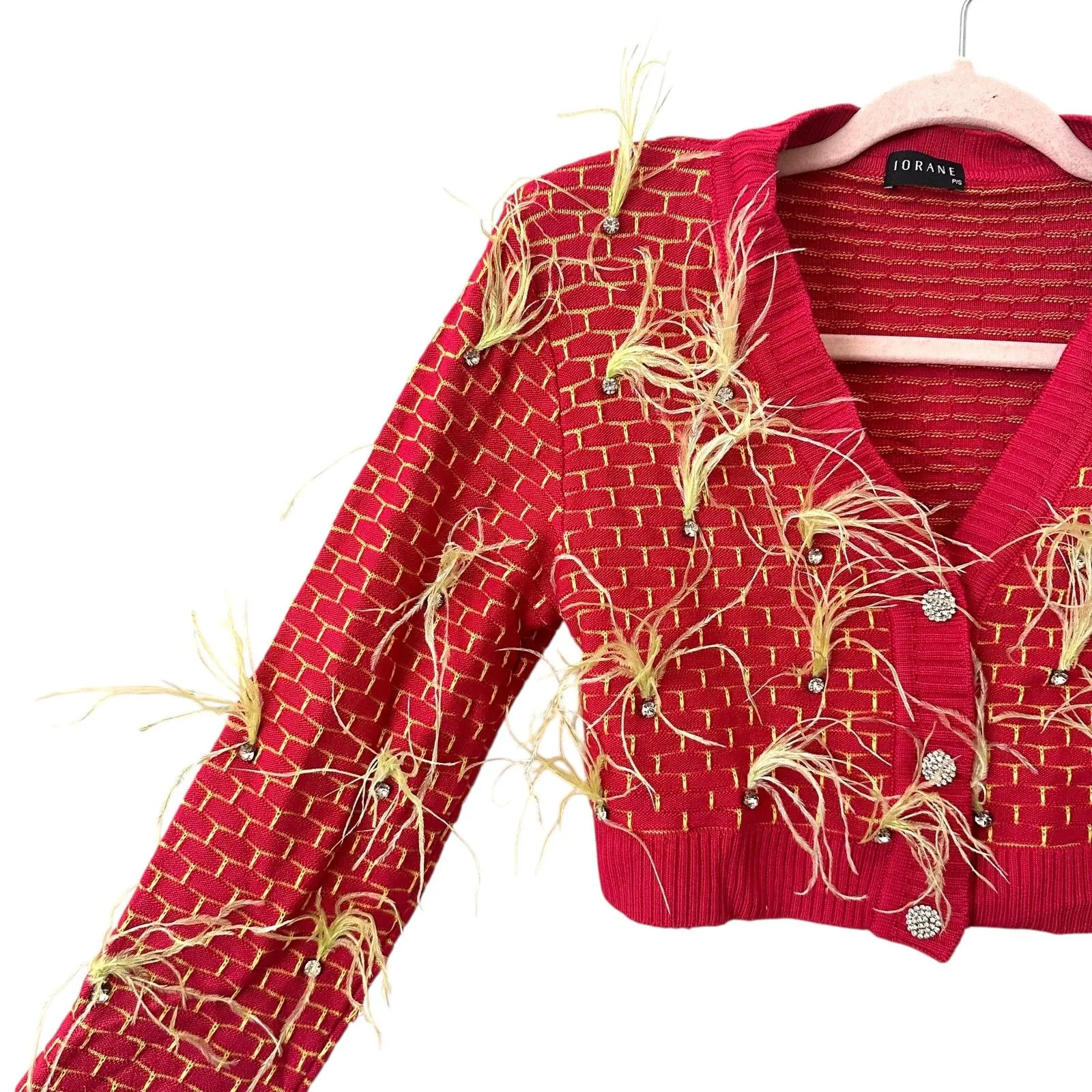 IORANE Feathered Cropped Cardigan‎ Pink Small - Image 3