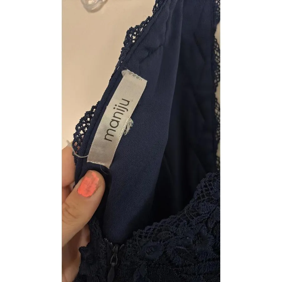 FLAW Juniors Maniju Navy Lace Evening Gown Mermaid High Slit Peekaboo Cut Out - Image 8