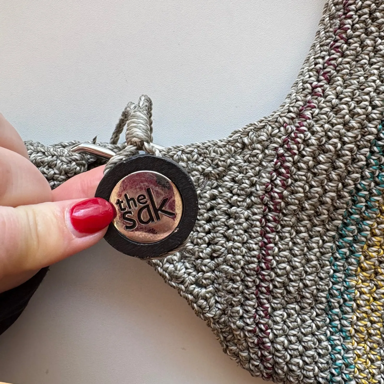 The Sak Crochet Striped Shoulder Bag Hobo Gray Multi Color Zip Pocket - Image 4