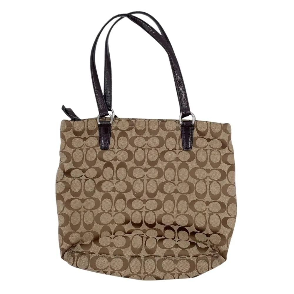 Coach F28504 Brown Tan Signature Stripe Shoulder Tote Bag Purse Classic Logo - Image 2