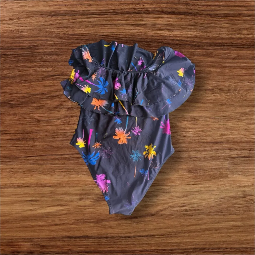 Infamous Swim Colorful Floral Swimsuit palm trees stamped size XL Black - Image 3