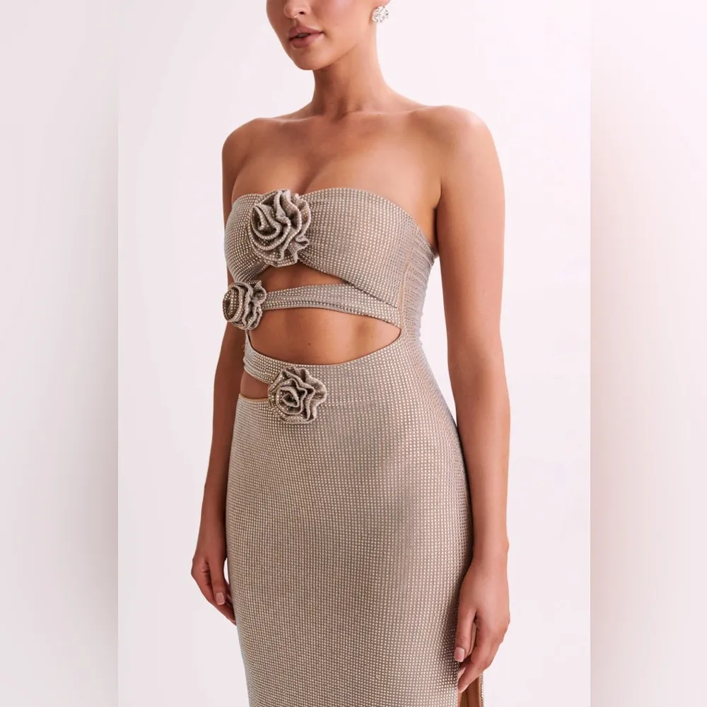 Meshki-  Stassie embellished Nude Strapless Flower Rose Diamante Maxi Dress - Image 11