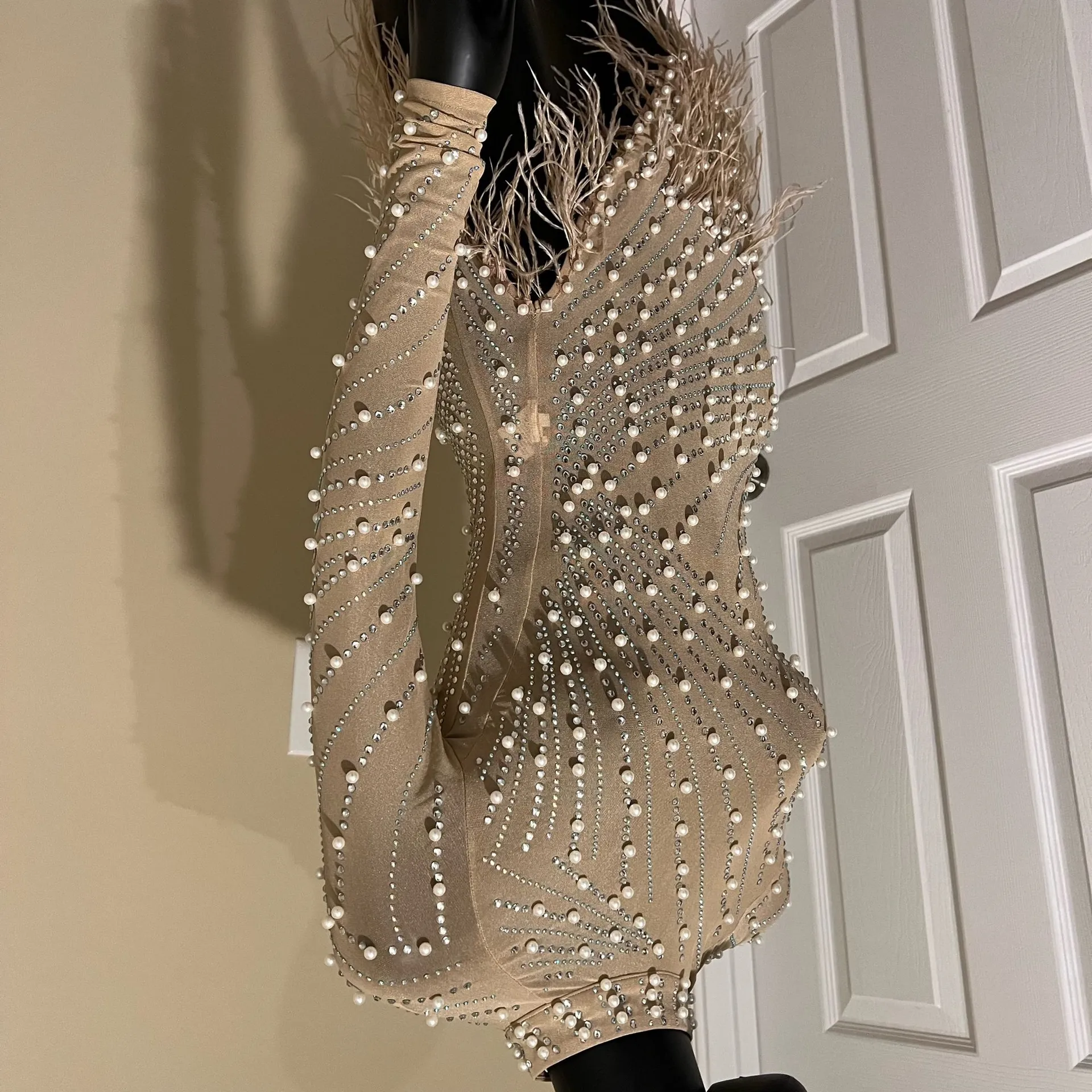 Rhinestones Mini Dress Long Sleeve Pearl Dress Mock Neck Dress Fringe Feathers D Tan - Image 14