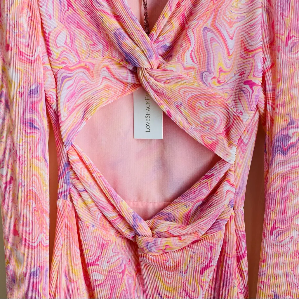 LoveShackFancy Nanita Dress Golden Maize Pink Marble Print Cutout 0 NWT - Image 6