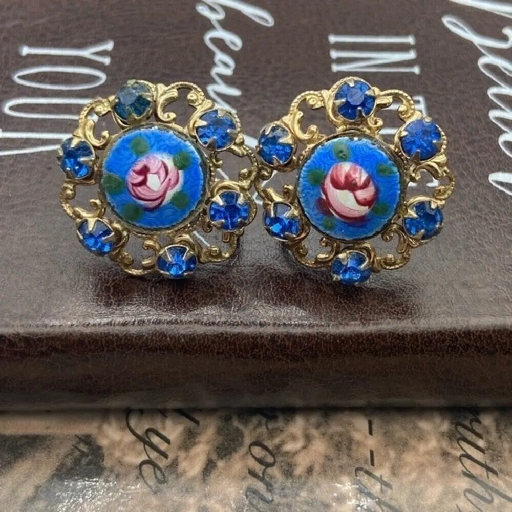 Vintage Guilloche Rose Blue Rhinestone Screwback Earrings 1950s 1960s - Image 2
