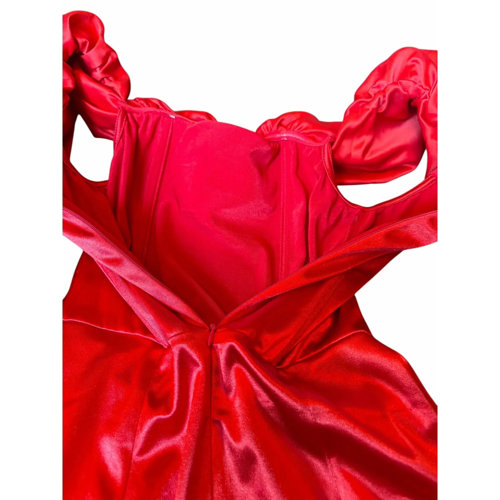 Off Shoulder Red Satin Mini Dress - Size M - Image 8