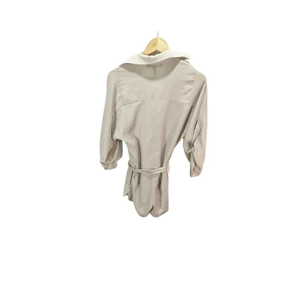 BCBGMaxAzria Tan Collared Long Sleeved Romper XXS Tie Waist Button Front - Image 2