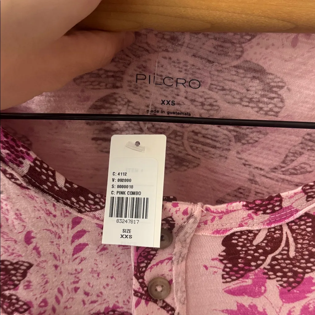 Anthropologie Pilcro Floral Boho Stretch XXS Pink Ruched Henley Tee - Image 4