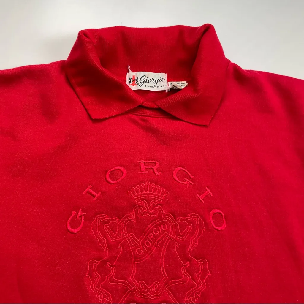Vintage Giorgio Beverly Hills Sweatshirt Red Collar Top Embroidered Preppy 80s Size M - Image 12