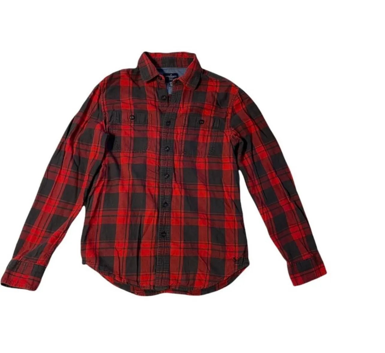 American Eagle Classic Red Plaid Boyfriend Button Down Flannel - Image 3