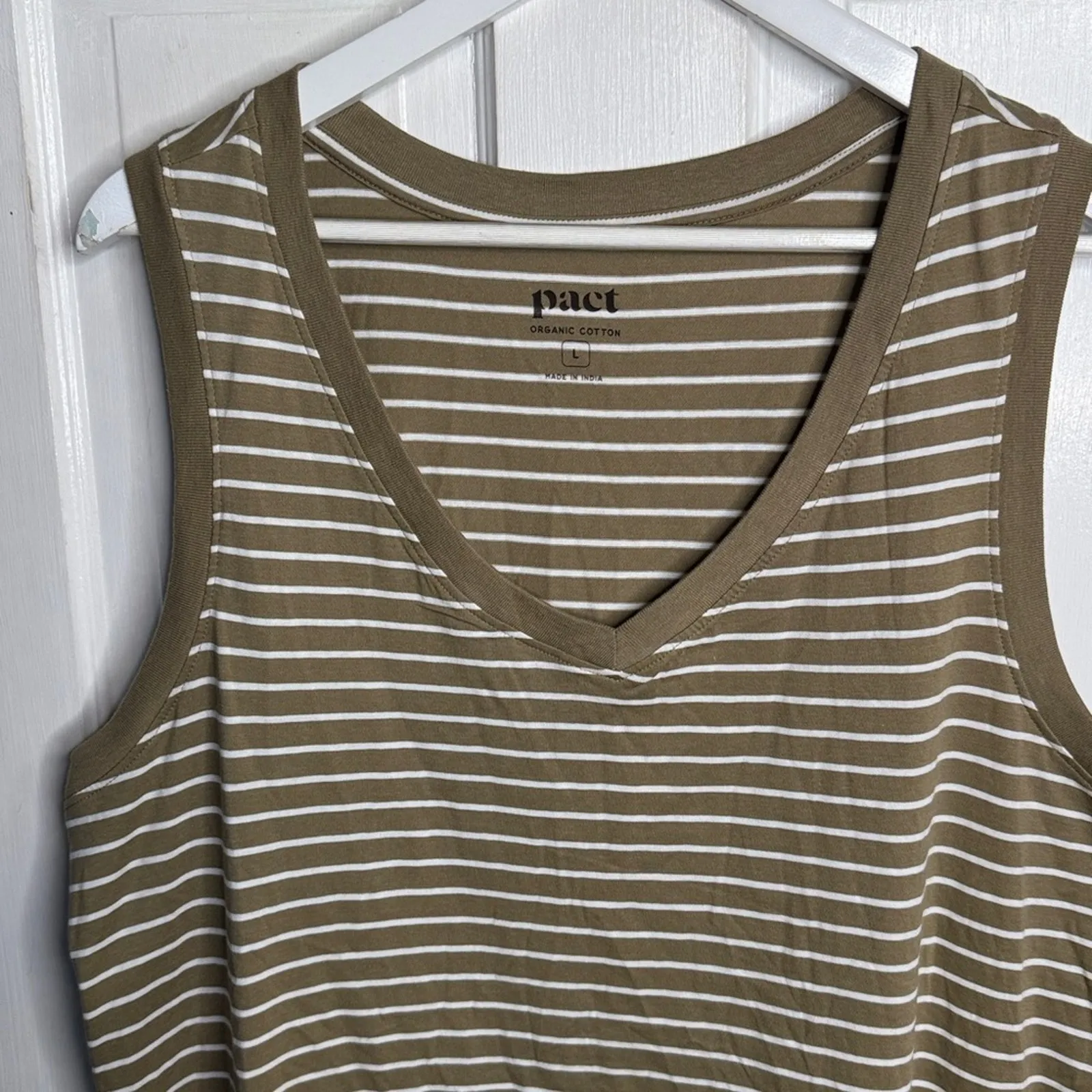 Pact Softspun Tank Midi Organic Cotton Striped Khaki V-Neck Dress W1917 Sz L - Image 3