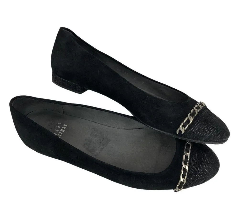 Stuart Weitzman Legacy Cap Toe Ballet Loafers Flat Black Suede Chain Accent  6 - Image 15