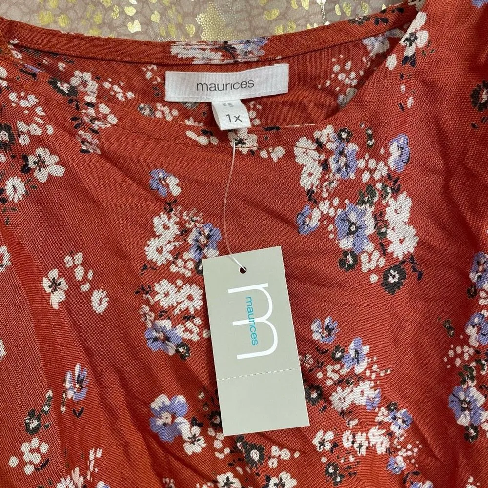 Maurices Burnt Orange Floral Smocked Waist Peplum Top 1X, NWT - Image 3