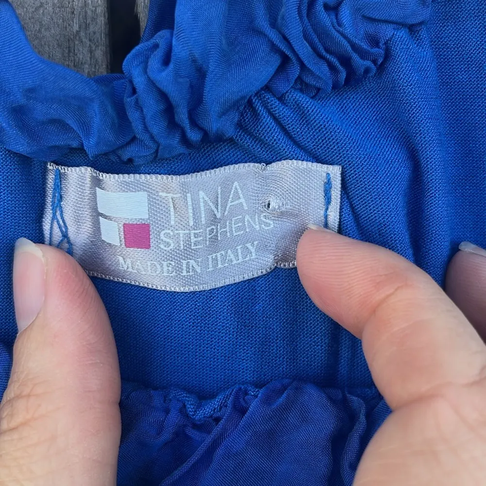 Imperfect silk top made in Italy blue flutter sleeve banded top Tina Stephens Size L - Image 10