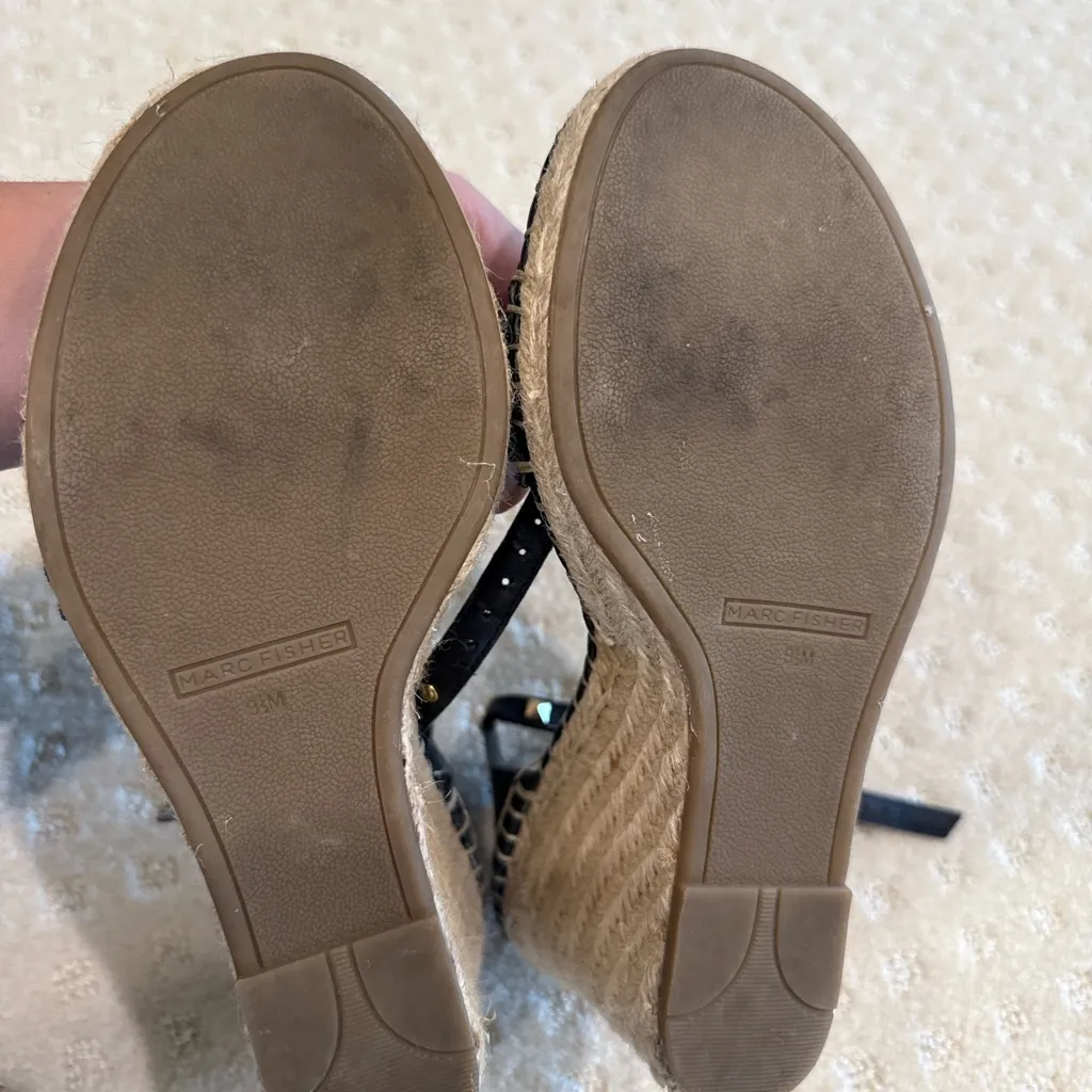 Marc Fisher Black Studded Leather Espadrille Wedge Sandals Size 9.5M - Image 8