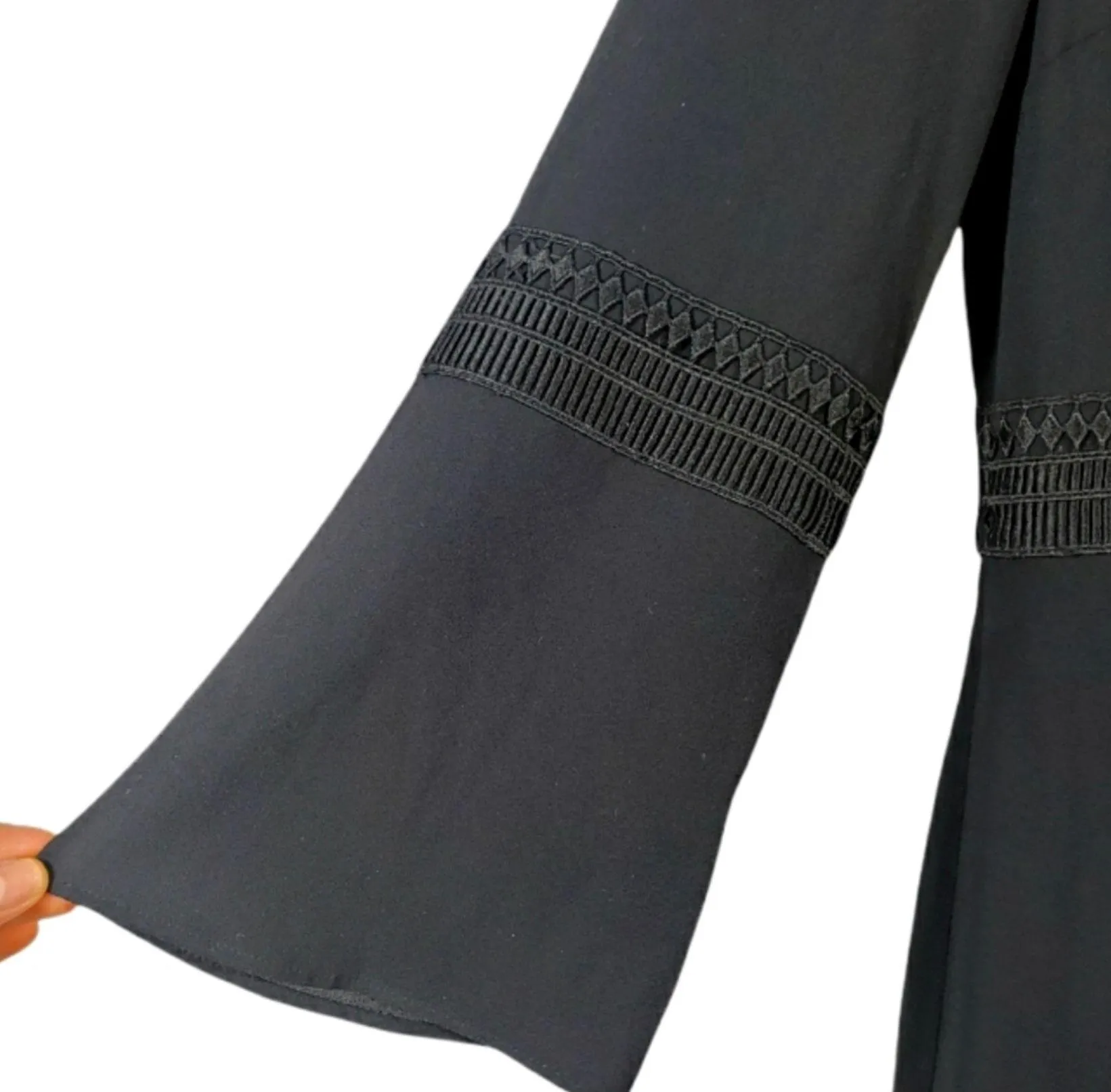 Black Lace Trim Flare Sleeve Midi Dress - Image 3