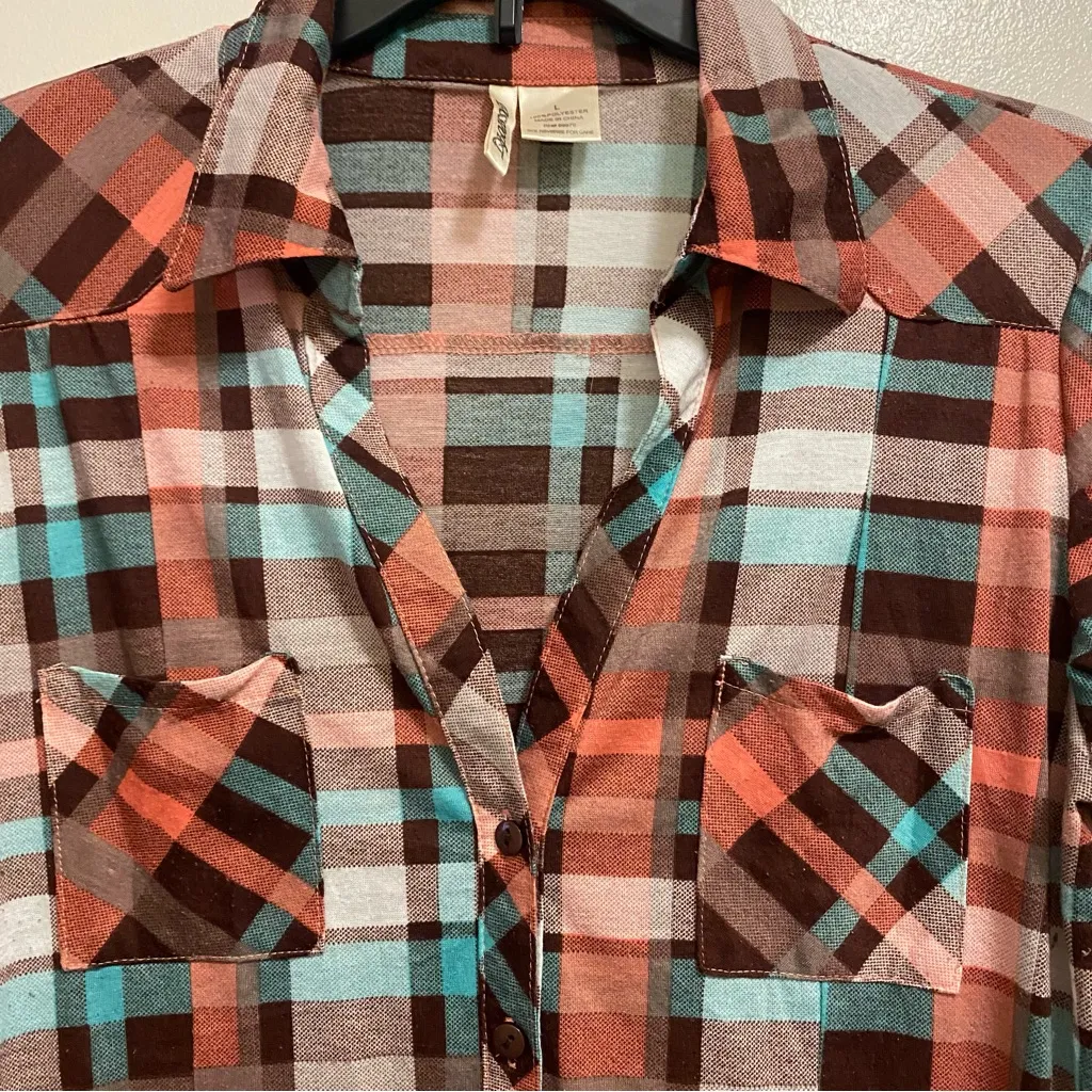 Bassport Womens Plaid Flannel Button Down Shirt L Large 40” Orange Brown & Blue - Image 3