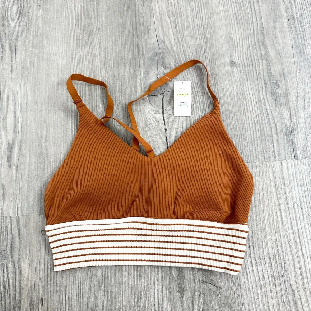 OFFLINE By Aerie Ribbed Scoop Sports Bra Caramel NWT size XS - Image 3