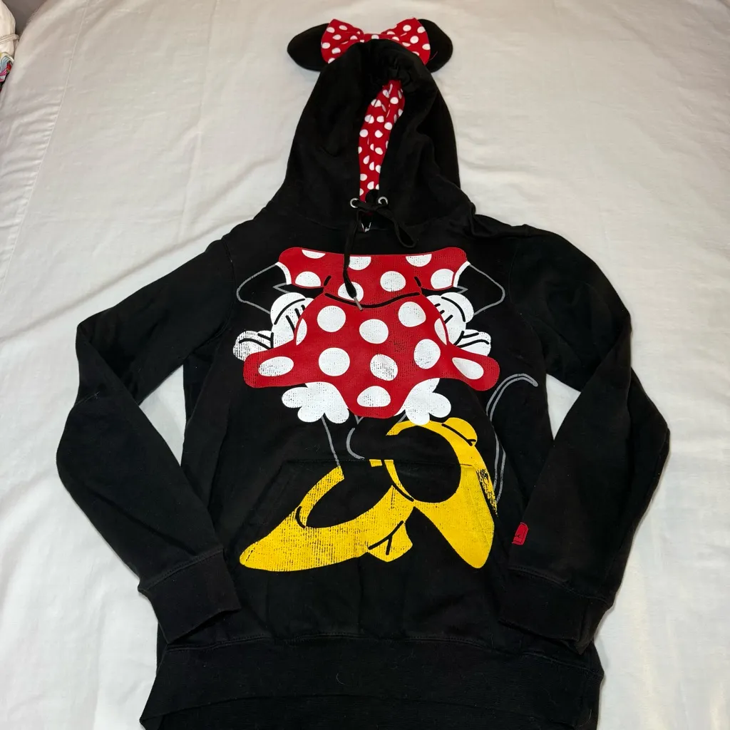 Disney Parks Minnie Mouse Hoodie Sweatshirt Ears Bow Women's Size Medium Graphic Black - Image 1