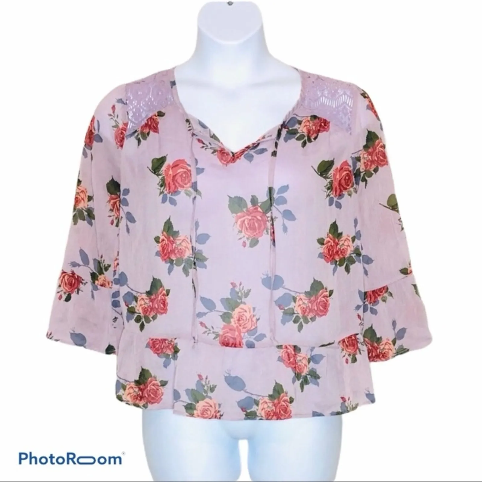 Self Esteem Y2K Floral Peplum Hem Bell Sleeve Blouse – Medium, Lace Detail - Image 4