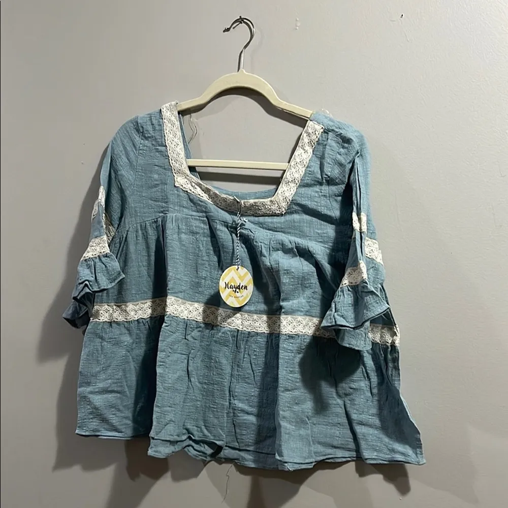 Hayden Linen Like Blue Lace Trim Women's Babydoll Top - Image 2