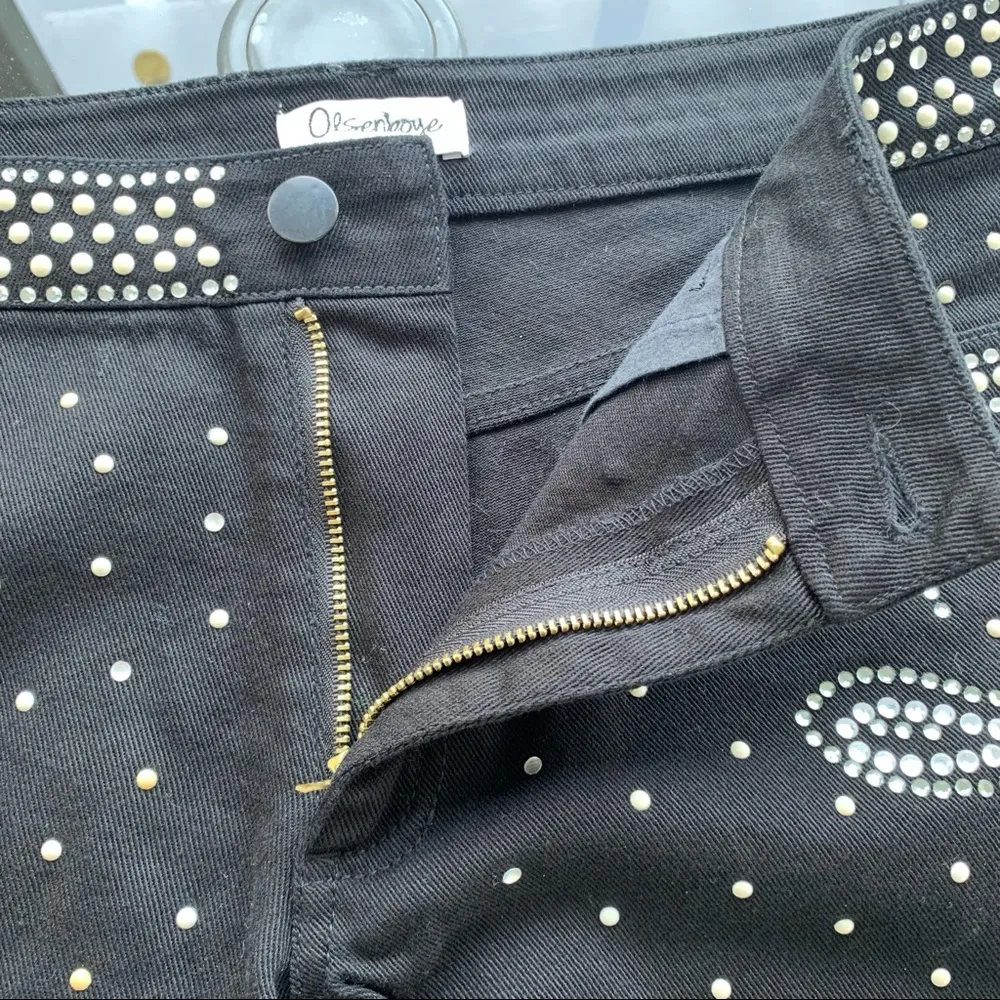 Olsenboye Demin Bedazzled Frayed Hem Shorts in Black -Size 1, Jewels, Dots Studs - Image 10