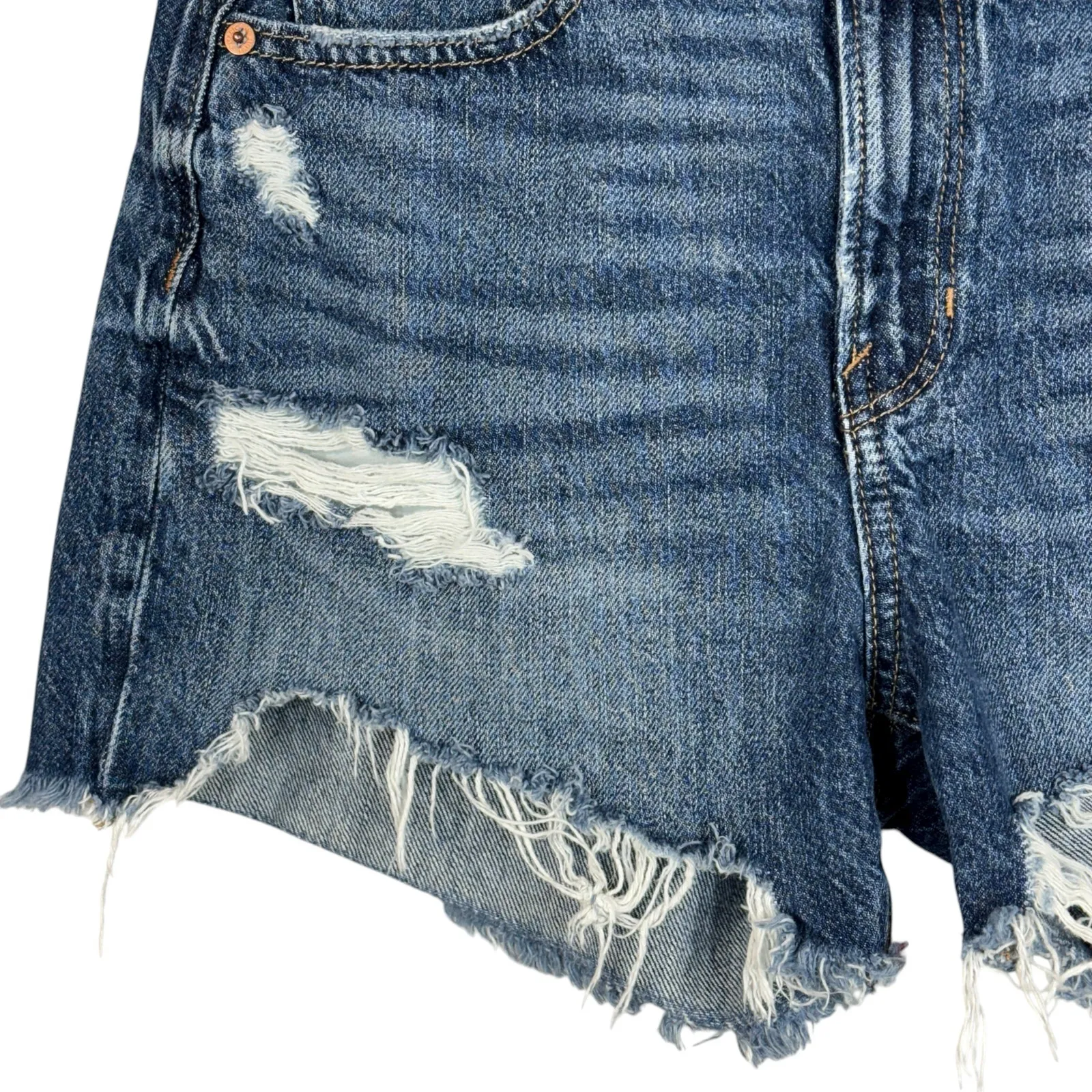 American Eagle SZ 2 90s Boyfriend Jean Shorts Distressed Frayed Hi-Rise Zip-Fly - Image 2