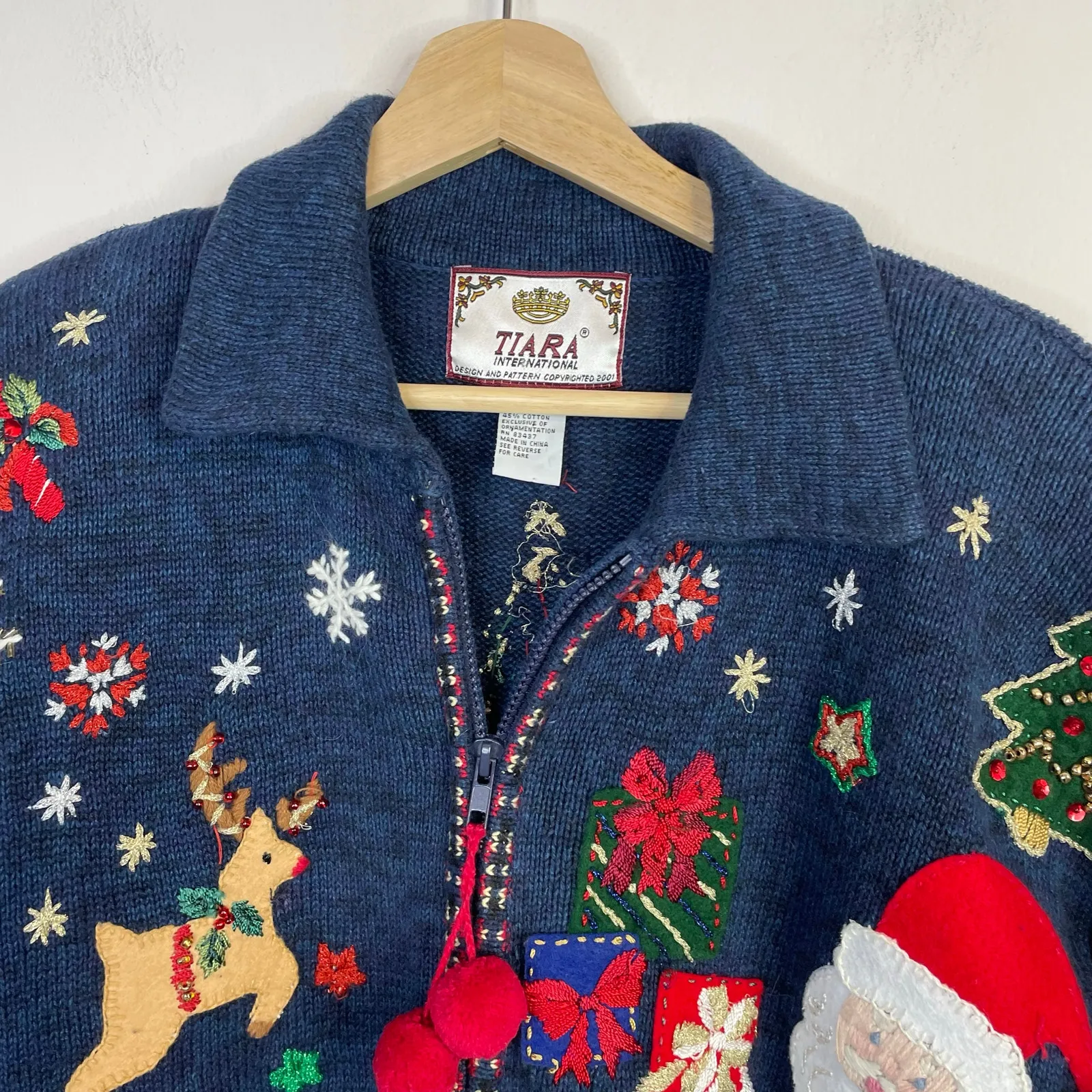 Vintage Tiara Embroidered Beaded Christmas Santa Full Zip Cardigan Sweater S - Image 2