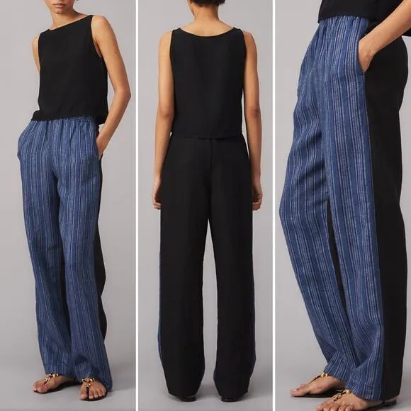 Tory Burch Pants 100% Linen Blue Striped Front Solid Back Relaxed Fit Pocket NWT - Image 2
