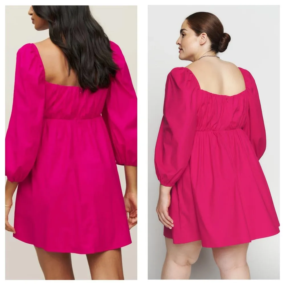 Reformation Farley Mini Dress Size 10 Hot Pink Puff Sleeve Babydoll Cotton - Image 15