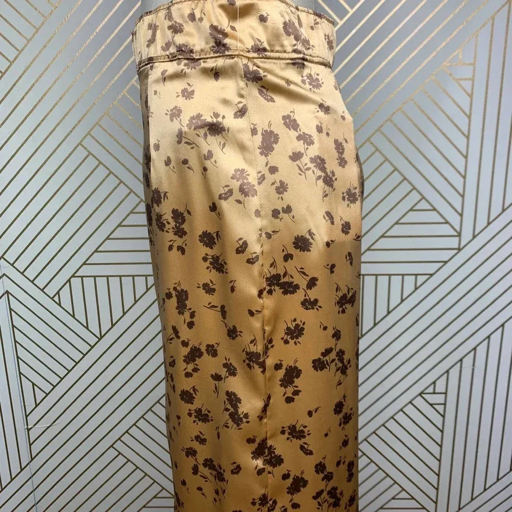 Zara Floral Print‎ Slip Midi Skirt In Tan Gold Brown Satin Size US Medium - Image 11