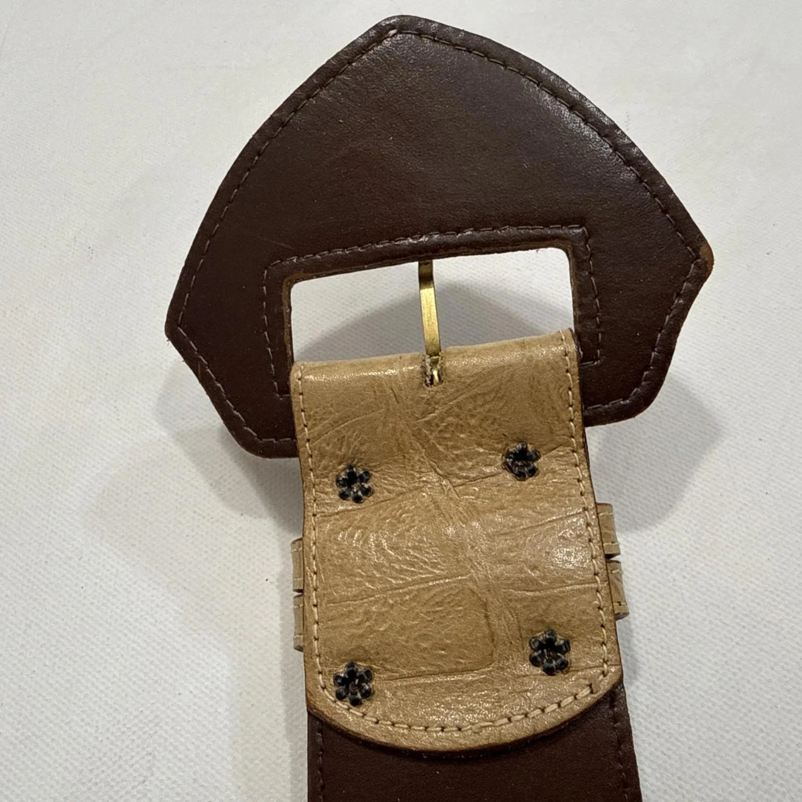 Vintage Sandy Duftler Y2K 90s Tan Leather Chunky Buckle Statement Belt 25 - Image 11