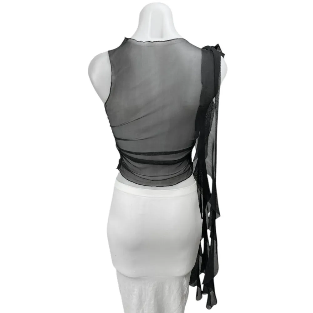 Women's Black Rose Ruffle Mesh Sheer Slim Fit Ruched Sleeveless Crop Tank Top S - Image 3