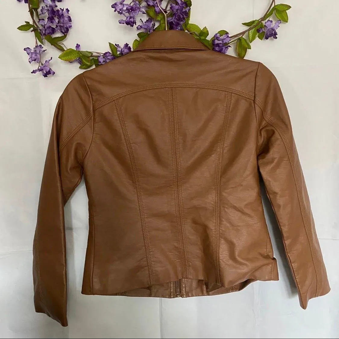“SugarFly” Tobacco Brown Faux Leather Bomber Jacket  - Image 2