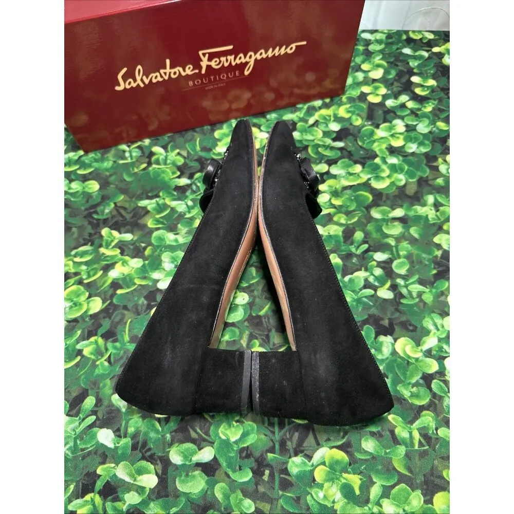 Salvatore Ferragamo Lillaz Women's Black Leather Bow Nubuck Pumps Size 10 AA - Image 6