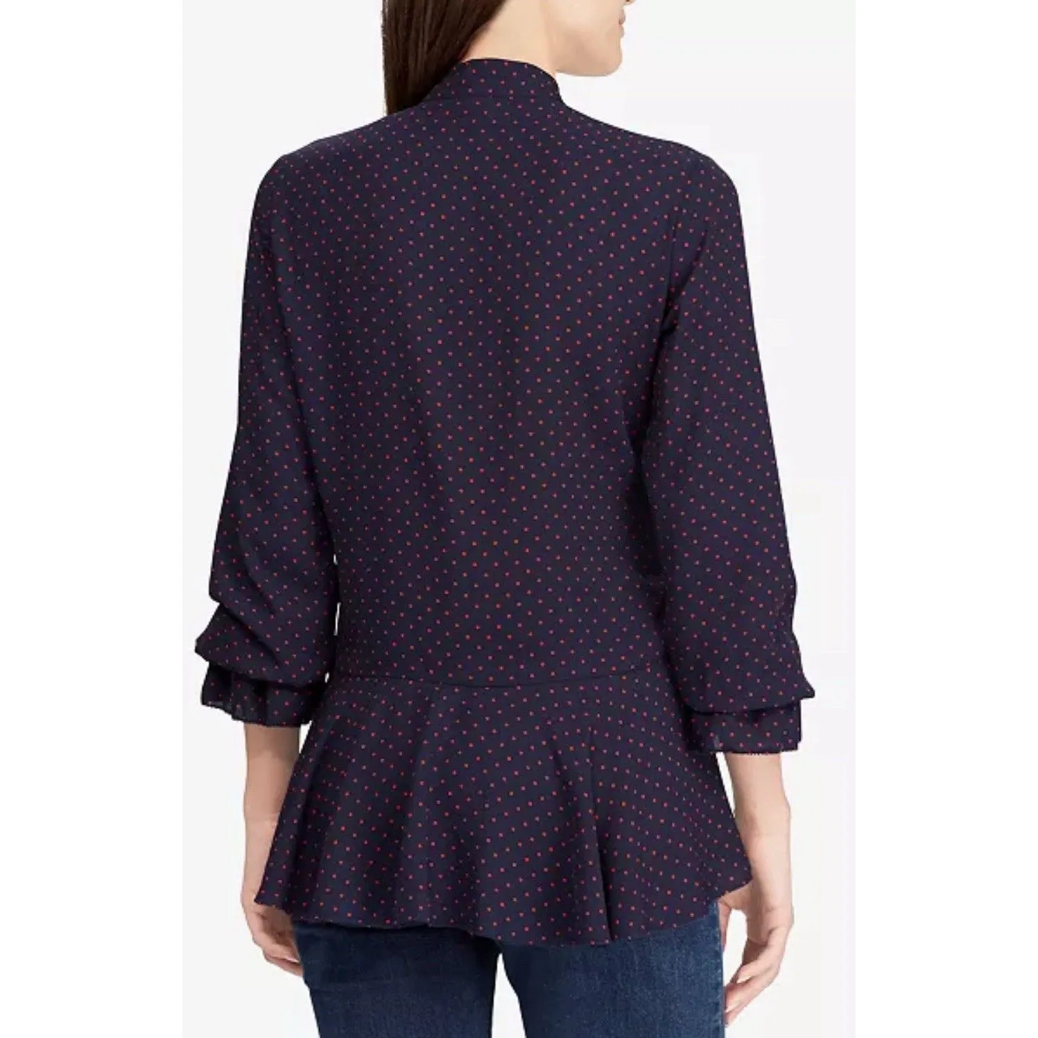 Ralph Lauren Tie-Neck Georgette Top Navy Blue Crimson Swiss Dots Medium Blouse - Image 3
