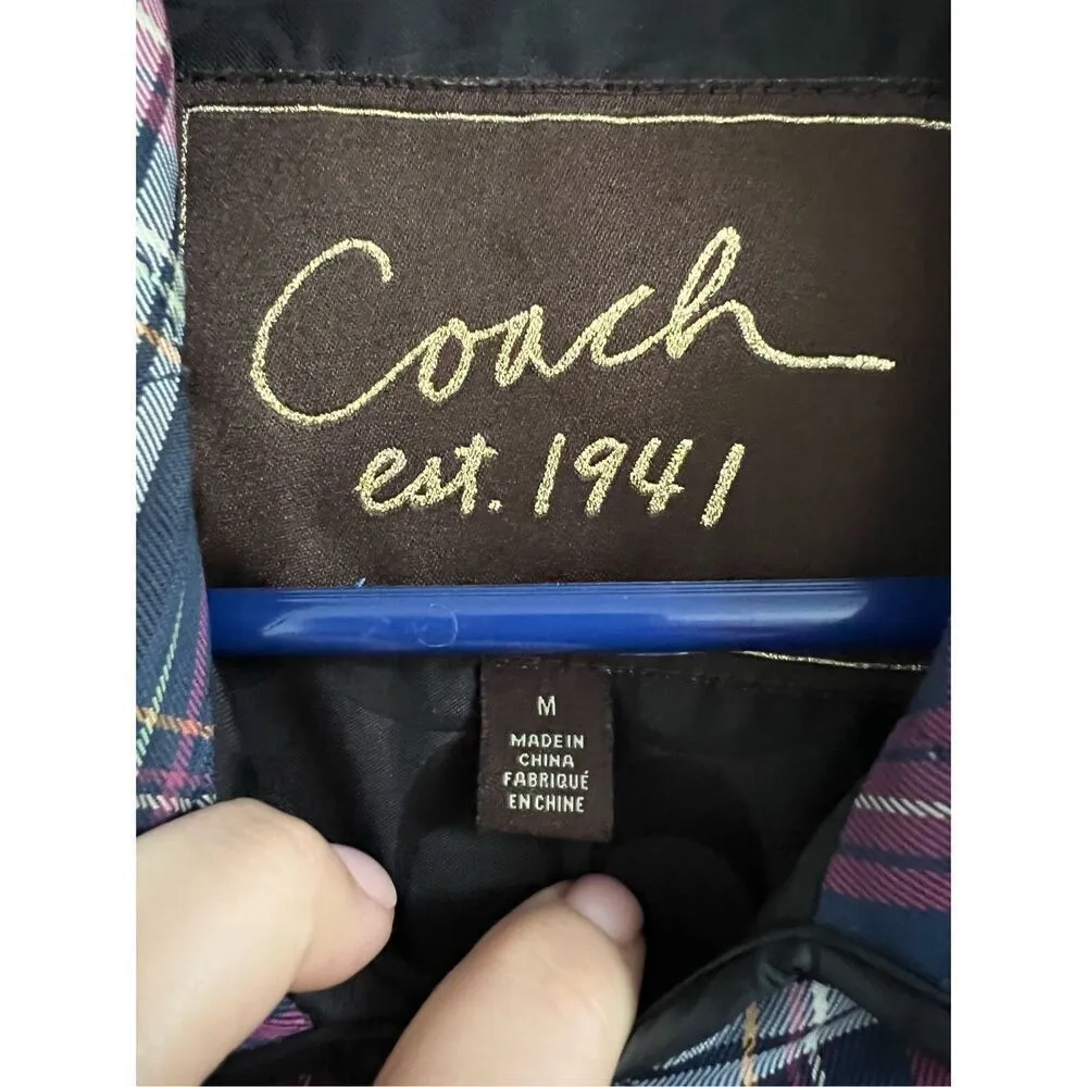 Coach Quilted Navy Blue & Purple Plaid Print Long Sleeve Snap Front Jacket Sz M - Image 4