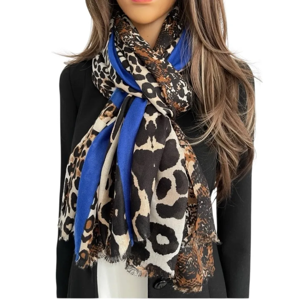 Leopard Print Scarf with Blue Stripe Brown - Image 8