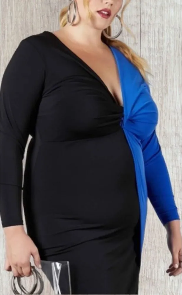 Soncy Women's Two Toned Twist Front Bodycon Midi Dress Plus Size 3X Cocktail Black - Image 1