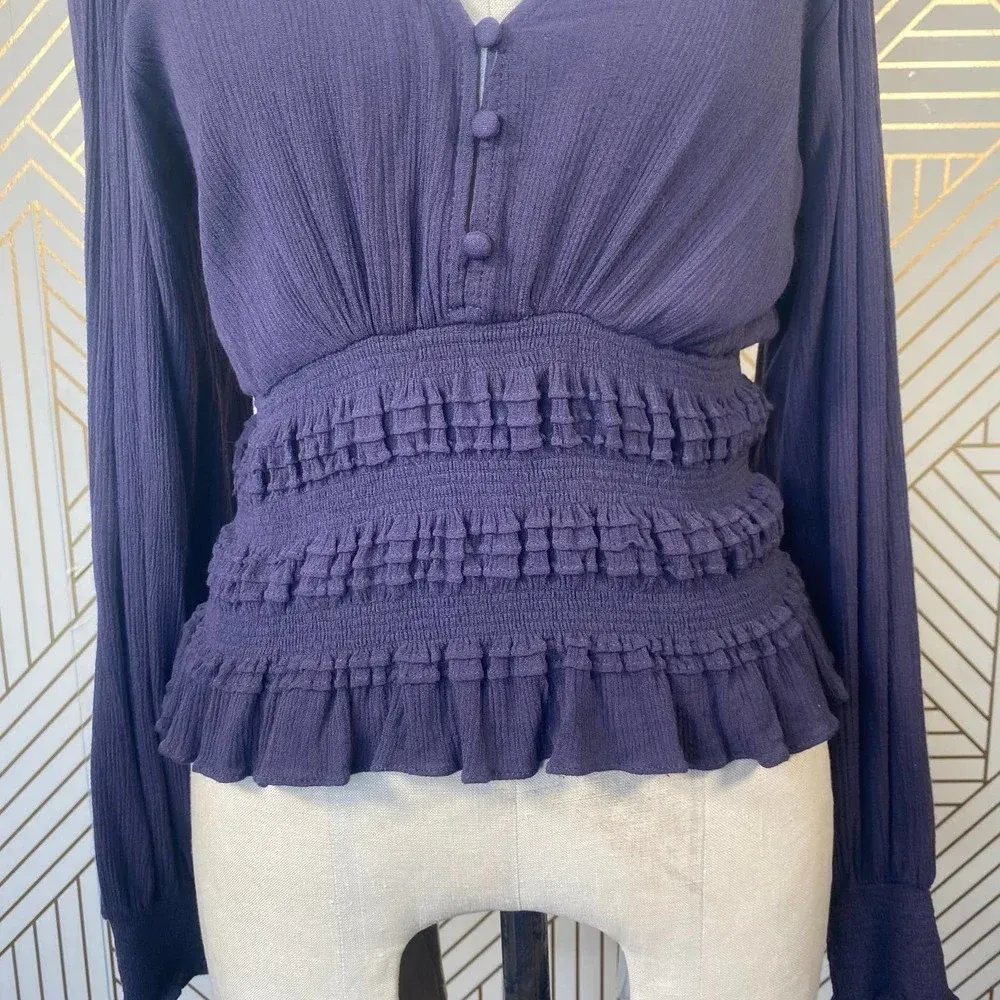 Pookie & Sebastian Smocked Bell Sleeve Top in‎ Navy - Image 6