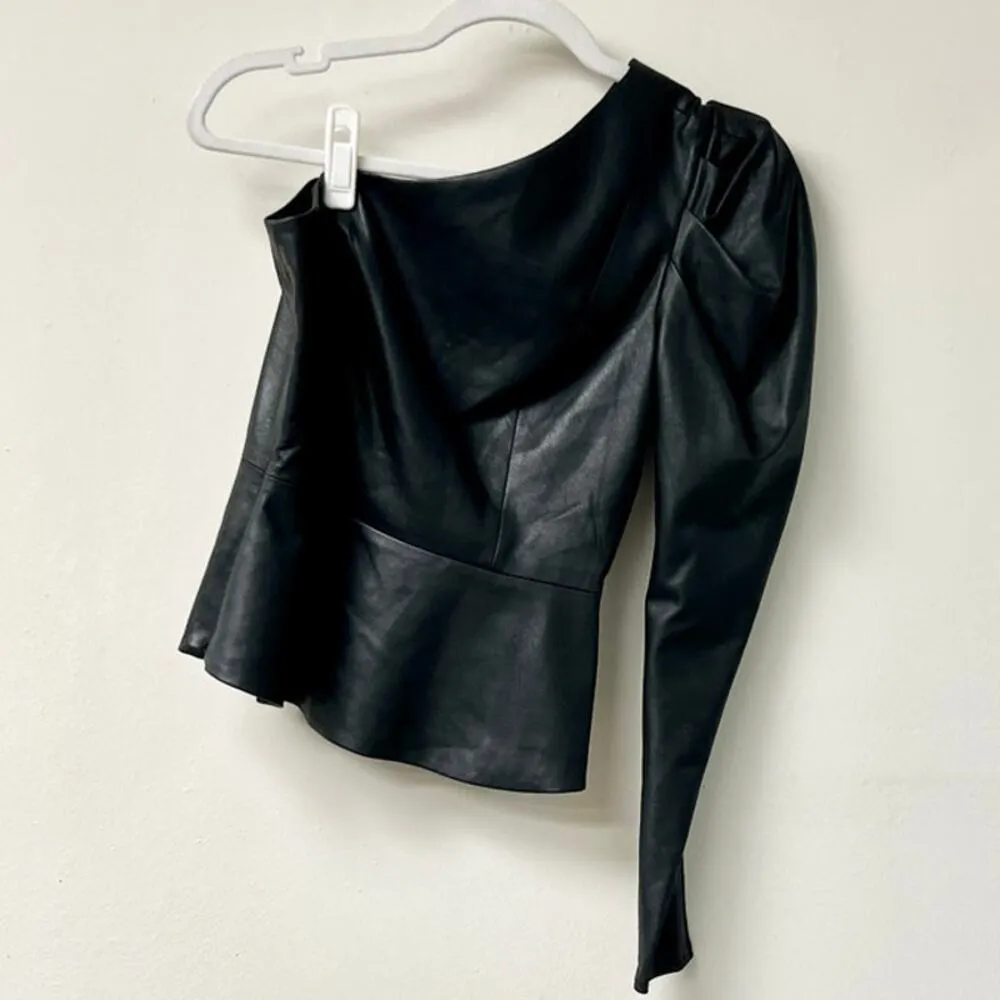 BCBGMaxAzria Lilyan Faux Leather Asymmetric One Shoulder Top Black Women's XS - Image 2