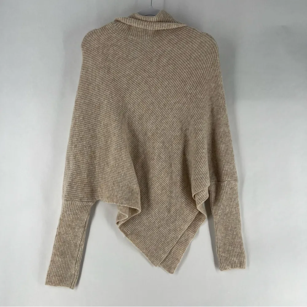 Ribbed Turtleneck Dolman Long Sleeve Triangle Hem Poncho Sweater Tan Size L - Image 9