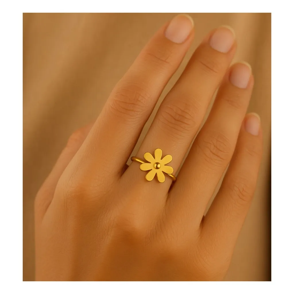 Gold Titanium Flower Cuff Ring – Adjustable Open Band - Image 2