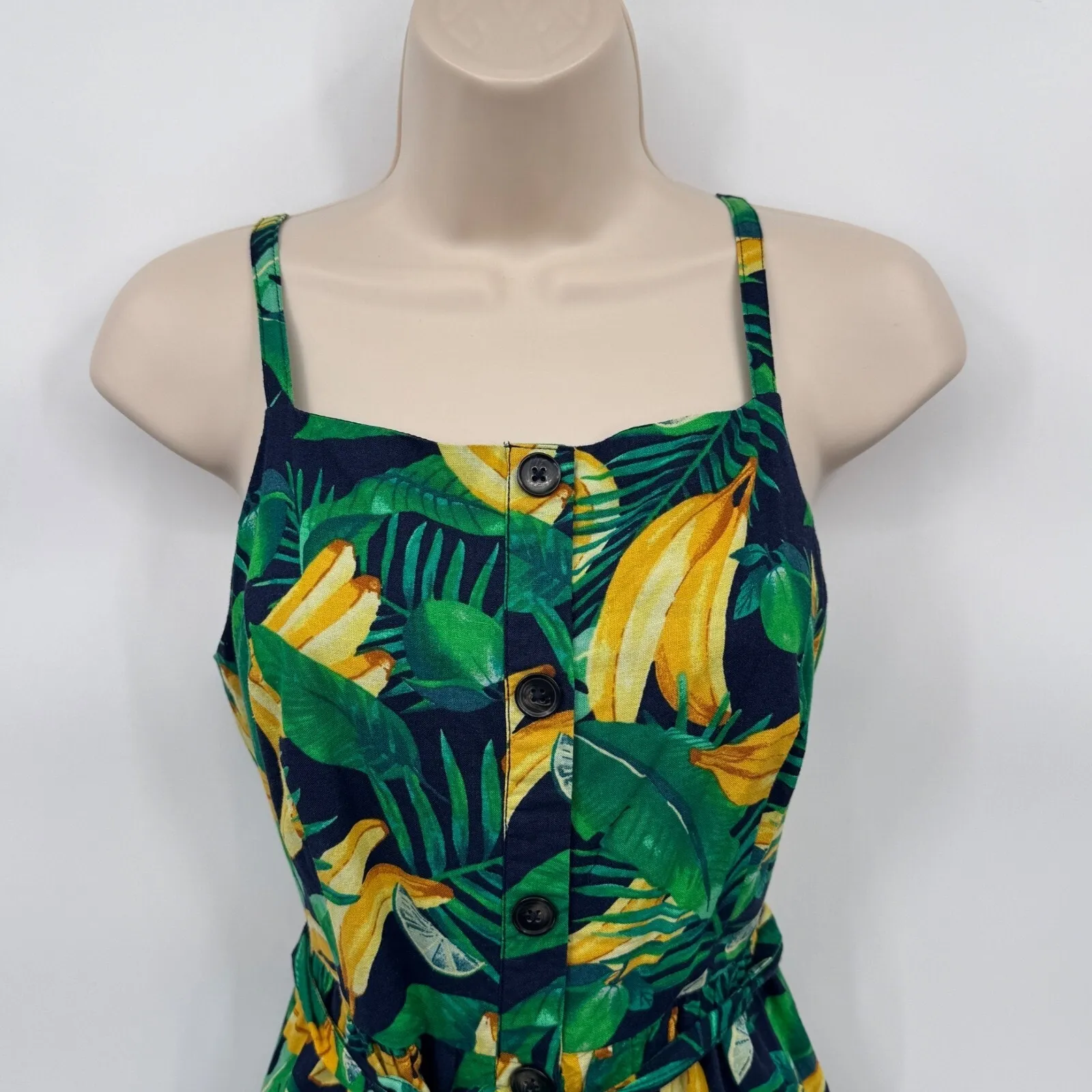 Old Navy Tropical Banana Maxi Dress Womens S  Blue Green Cotton Blend‎ Tie Belt - Image 2